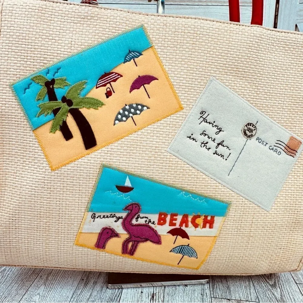 Fossil Forever‎ Faux Straw Beach Vacation Tote Shoulder Bag Large Cream Red